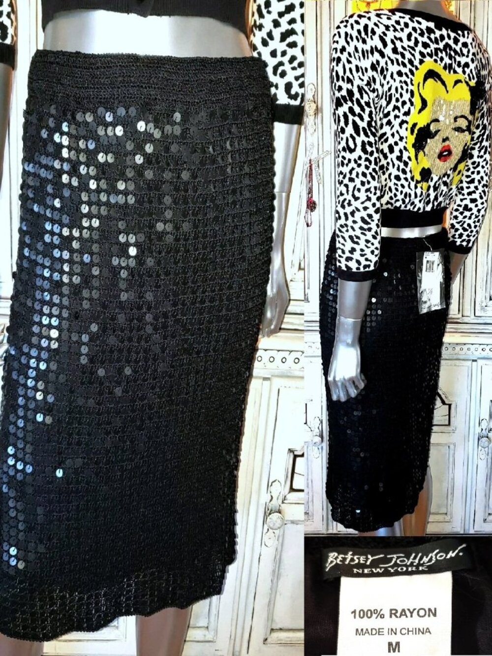 Vintage Betsey Johnson New York Black Crochet Sequin Midi Dress Skirt Y2K RUNWAY